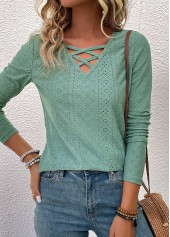 Green tops,Plain Color tops,Criss Cross Green V Neck Long Sleeve T Shirt