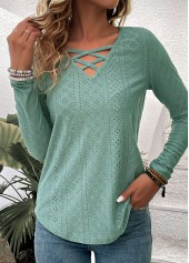 Green tops,Plain Color tops,Criss Cross Green V Neck Long Sleeve T Shirt