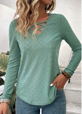 Green tops,Plain Color tops,Criss Cross Green V Neck Long Sleeve T Shirt