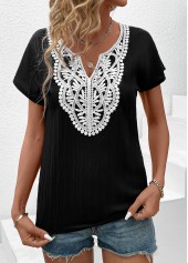 Black tops,White tops,Plain Color tops,ROTITA Patchwork Black Split Neck Short Sleeve T Shirt