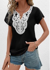 Black tops,White tops,Plain Color tops,ROTITA Patchwork Black Split Neck Short Sleeve T Shirt