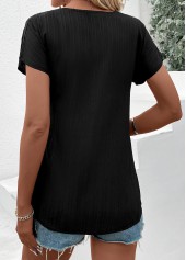 Black tops,White tops,Plain Color tops,ROTITA Patchwork Black Split Neck Short Sleeve T Shirt