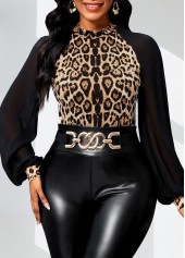 Dark Camel tops,Leopard tops,Animal Print tops,ROTITA Patchwork Leopard Dark Camel Stand Collar Long Sleeve Blouse