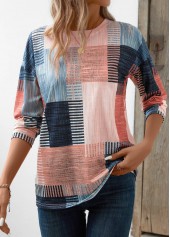 Pink tops,Blue tops,Geometric tops,Striped tops,ROTITA Patchwork Geometric Print Pink Round Neck T Shirt