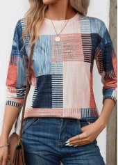 Pink tops,Blue tops,Geometric tops,Striped tops,ROTITA Patchwork Geometric Print Pink Round Neck T Shirt