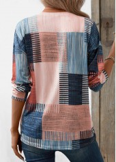 Pink tops,Blue tops,Geometric tops,Striped tops,ROTITA Patchwork Geometric Print Pink Round Neck T Shirt