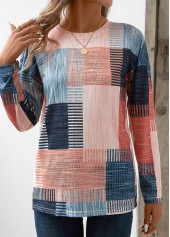 Pink tops,Blue tops,Geometric tops,Striped tops,ROTITA Patchwork Geometric Print Pink Round Neck T Shirt