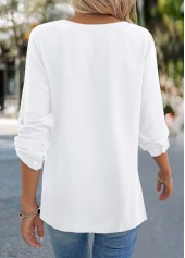 White tops,Plain Color tops,Button White V Neck Long Sleeve Blouse
