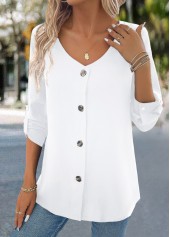White tops,Plain Color tops,Button White V Neck Long Sleeve Blouse