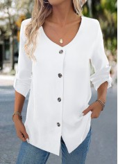White tops,Plain Color tops,Button White V Neck Long Sleeve Blouse
