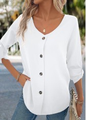 White tops,Plain Color tops,Button White V Neck Long Sleeve Blouse