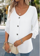 White tops,Plain Color tops,Button White V Neck Long Sleeve Blouse