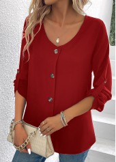 Wine Red tops,Plain Color tops,ROTITA Button Wine Red V Neck Long Sleeve Blouse