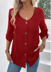 Wine Red tops,Plain Color tops,ROTITA Button Wine Red V Neck Long Sleeve Blouse
