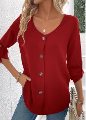 Wine Red tops,Plain Color tops,ROTITA Button Wine Red V Neck Long Sleeve Blouse