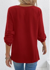 Wine Red tops,Plain Color tops,ROTITA Button Wine Red V Neck Long Sleeve Blouse