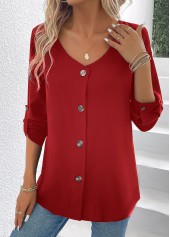 Wine Red tops,Plain Color tops,ROTITA Button Wine Red V Neck Long Sleeve Blouse
