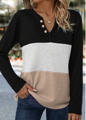 Black tops,White tops,Contrast Color tops,ROTITA Button Black Split Neck Long Sleeve T Shirt