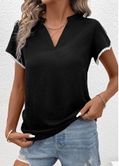 Black tops,Plain Color tops,Patchwork Black V Neck Short Sleeve T Shirt
