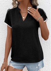 Black tops,Plain Color tops,Patchwork Black V Neck Short Sleeve T Shirt