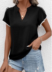 Black tops,Plain Color tops,Patchwork Black V Neck Short Sleeve T Shirt