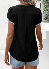 Black tops,Plain Color tops,Patchwork Black V Neck Short Sleeve T Shirt