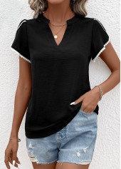 Black tops,Plain Color tops,Patchwork Black V Neck Short Sleeve T Shirt