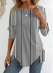 ROTITA Patchwork Striped Black Round Neck Long Sleeve T Shirt