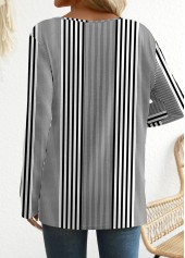 Black tops,Grey tops,Striped tops,Geometric tops,ROTITA Patchwork Striped Black Round Neck Long Sleeve T Shirt