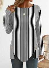 Black tops,Grey tops,Striped tops,Geometric tops,ROTITA Patchwork Striped Black Round Neck Long Sleeve T Shirt
