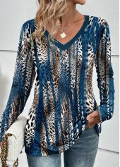 ROTITA Patchwork Leopard Peacock Blue V Neck T Shirt