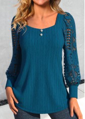 ROTITA Lace Peacock Blue Square Neck Long Sleeve Blouse