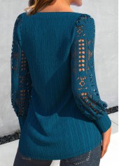 Peacock Blue tops,Plain Color tops,ROTITA Lace Peacock Blue Square Neck Long Sleeve Blouse