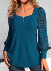 Peacock Blue tops,Plain Color tops,ROTITA Lace Peacock Blue Square Neck Long Sleeve Blouse