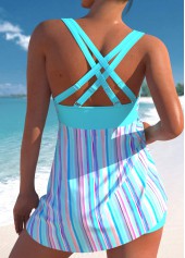 Cyan swimwear,Striped swimwear,Geometric swimwear,ROTITA Drawstring Cyan Striped High Waisted Swimdress and Shorts