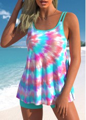 Cyan swimwear,Tie Dye swimwear,ROTITA Contrast Binding Cyan Tie Dye Print Tankini Set