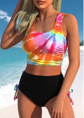 Rainbow Color swimwear,Tie Dye swimwear,ROTITA Drawstring Rainbow Color Tie Dye Print Bikini Set