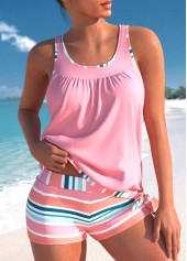 ROTITA Bowknot Pink Multi Stripe Print Tankini Set