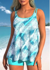 Cyan swimwear,Plants swimwear,Geometric swimwear,Striped swimwear,ROTITA Cyan Tropical Plants Print Mid Waisted Tankini Set