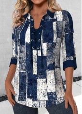 Navy tops,Geometric tops,Striped tops,ROTITA Lace Up Geometric Print Navy 3/4 Sleeve Blouse