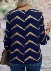 Navy tops,Geometric tops,Striped tops,Dot tops,ROTITA Hot Stamping Geometric Print Navy V Neck Blouse