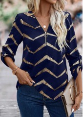 ROTITA Hot Stamping Geometric Print Navy V Neck Blouse