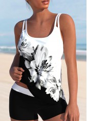 White swimwear,Black swimwear,Floral swimwear,Plants swimwear,ROTITA White Floral Print High Waisted Tankini Set