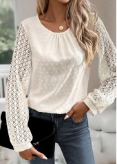 Beige tops,Plain Color tops,ROTITA Button Beige Round Neck Long Sleeve Blouse