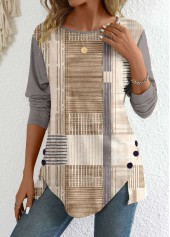 Rotita-Patchwork-Graffiti-Print-Hellkamel-T-Shirt mit Rundhalsausschnitt