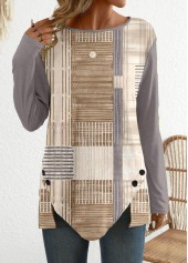 Light Camel tops,Graphic tops,Geometric tops,Striped tops,ROTITA Patchwork Graffiti Print Light Camel Round Neck T Shirt