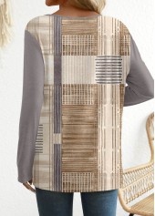 Light Camel tops,Graphic tops,Geometric tops,Striped tops,ROTITA Patchwork Graffiti Print Light Camel Round Neck T Shirt