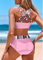 Pink swimwear,Striped swimwear,Geometric swimwear,Plaid swimwear,ROTITA Patchwork Pink Striped Mid Waisted Bikini Set