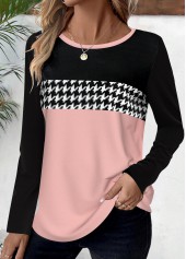 ROTITA Geometric Print Pink Round Neck Long Sleeve T Shirt