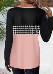 Pink plus size,Black plus size,Geometric plus size,Houndstooth plus size,ROTITA Plus Size Pink Geometric Print Round Neck T Shirt